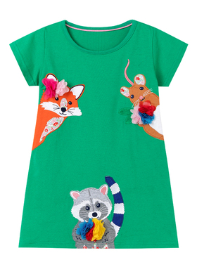 女童绿色短袖连衣裙宝宝中长款T恤裙子儿童纯棉夏装小童狐狸A字裙