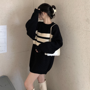 秋装新款2023条纹毛衣中长款韩版套头小个子针织内搭打底裙女秋冬