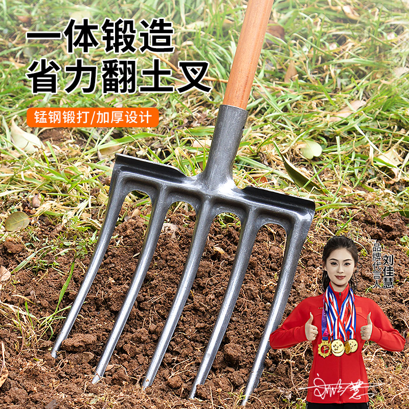 农用翻地松土神器四齿钢叉开荒挖土农具翻土叉子全钢木杆铁叉头五 五金/工具 叉 原图主图