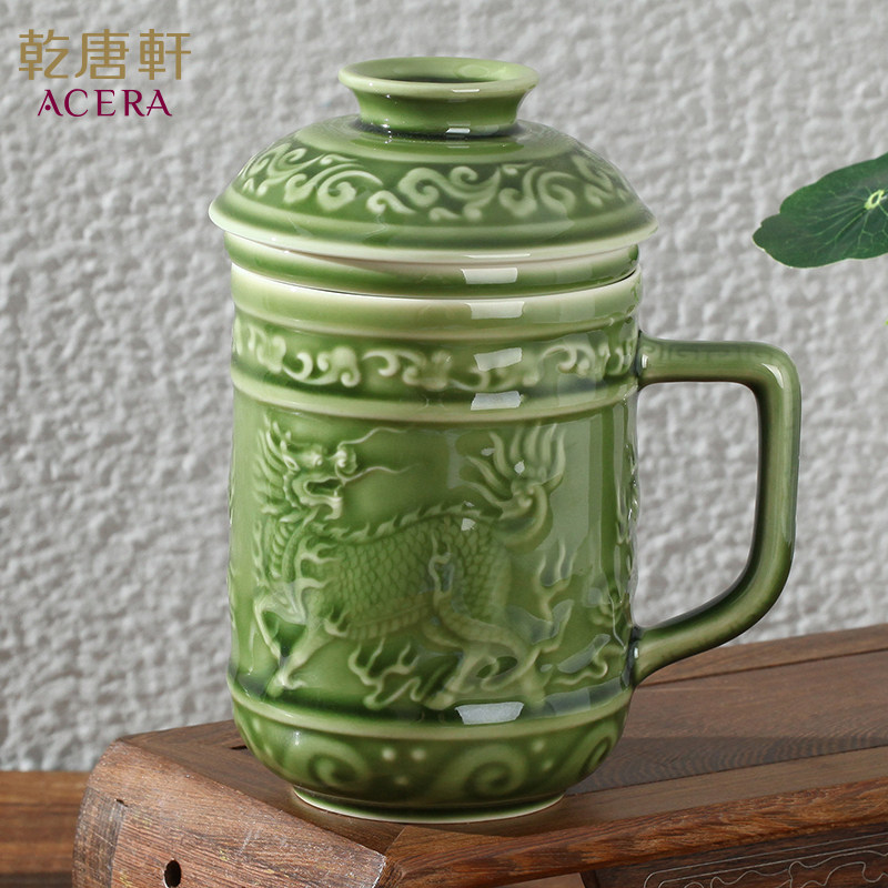 乾唐轩活瓷杯麒麟献瑞三件套高杯茶杯水杯办公杯精美礼品盒