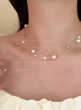 法式轻奢双层珍珠虎眼石项链女赫本风气质独特时尚潮流颈链锁骨链