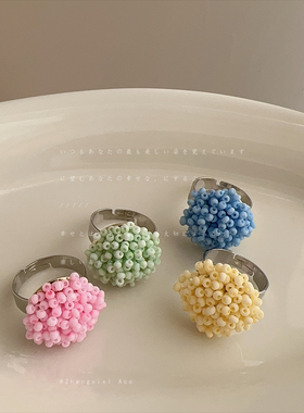 彩色多巴胺串珠花朵开口戒指女甜美清新时尚气质通勤百搭指环戒子