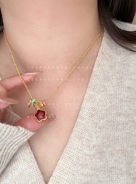 轻奢高级感红色滴油贝母双面花朵吊坠项链个性精致时尚颈链毛衣链