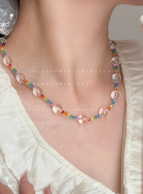 多巴胺彩虹豆子玻璃串珠项链女夏季清新百搭时尚潮流颈链锁骨链