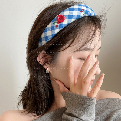 清新简约蓝白格子樱桃海绵发箍女复古文艺甜美减龄高颅顶头箍发饰