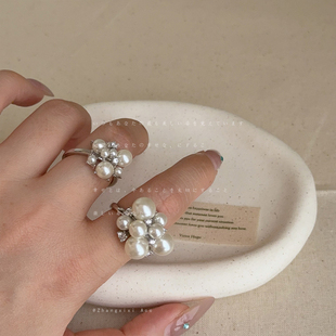 设计感珍珠锆石满天星戒指女小众轻奢潮流时尚气质百搭耳环耳饰