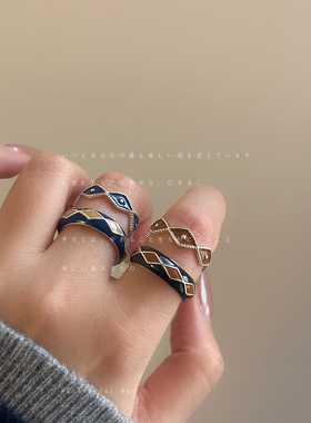 设计感撞色滴油菱形戒指女复古轻奢时尚潮流气质通勤百搭指环戒子