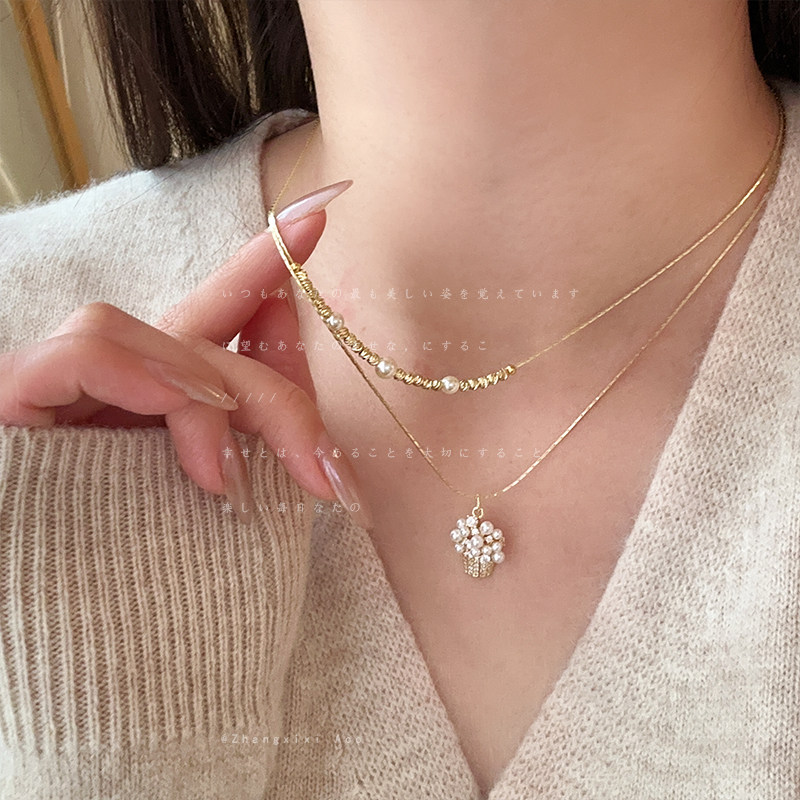 高级感爆米花珍珠碎银双层叠戴项链女气质时尚潮流百搭颈链毛衣链