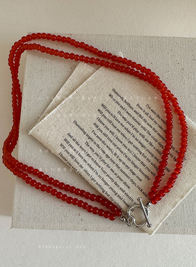 双层红色串珠OT扣项链女轻奢小众时尚精致潮流通勤百搭颈链毛衣链