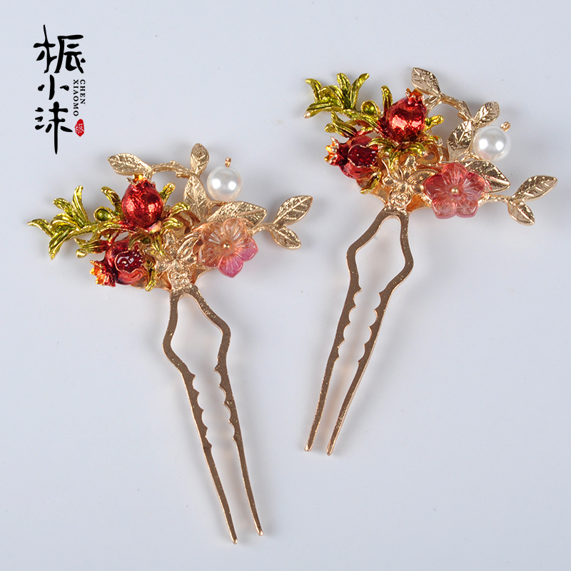 桭小沫秋怀手工小钗diy材料包汉服古风头饰石榴发饰流苏花瓣u钗