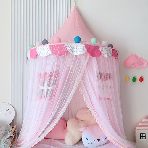 儿童房小房子蚊帐公主风ins圆顶吊帐家用女孩1.5m1.8米床幔可折叠