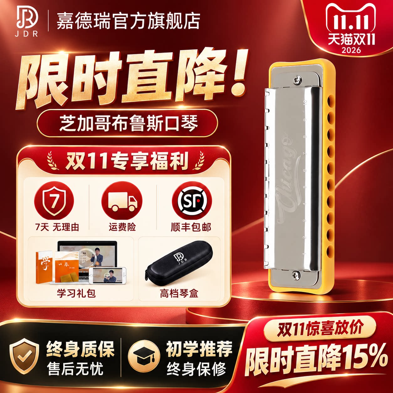 JDR嘉德瑞芝加哥chicago布鲁斯蓝调十孔口琴10孔C调初学者paddy