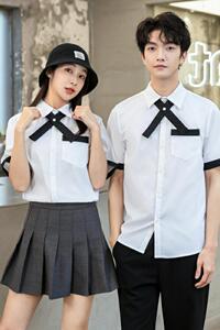 714-C668P40/2025夏情侣装中性短袖衬衫黑白工作服衬衣（不褪色图片