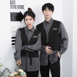 714-H3007P55控79/2025新款男女假两件工作服衬衫logo定制衬衣,很瘦的女生工作穿衣搭配图片