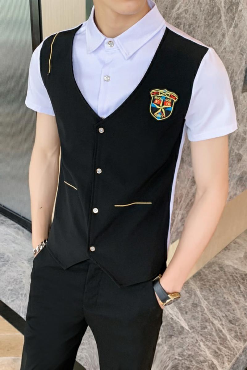 714-H669P55/店主风2025夏季发型师潮流短袖衬衫假两件制服S-5XL,男装T恤,星座714(原C313)