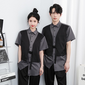 714-H3012P55控79/2025新款夏季日系假两件拼接发型师工作服衬衫图片