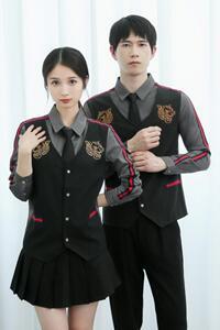 714-H654P55/2025春季男女工作服衬衫修身假两件马甲KTV发型师装图片