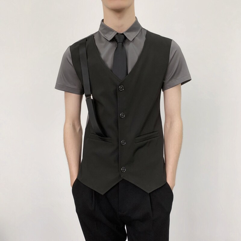 714-H6004P55控69/发型师ktv酒吧衬衫修身假两件工作制服假背带，男装衬衫，星座714(原C313)