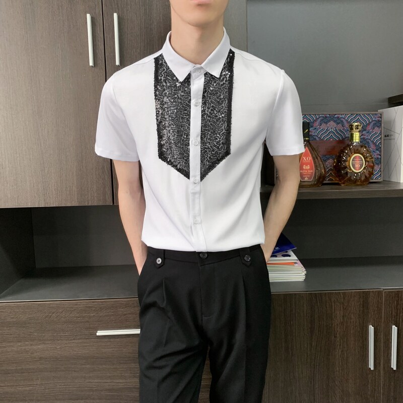 714-D3014P45控59/2025夏季短袖发型师酒吧餐厅衬衫修身工作服图片
