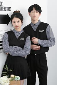 714-H3049P55控79/2025新男女条纹拼接餐厅酒吧理发店工作服衬衫图片