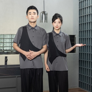 714-H3013P55控69/2025夏短袖衬衫宽松日系美容美发假两件工作服图片