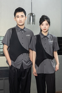 714-H3013P55控69/2025夏短袖衬衫宽松日系美容美发假两件工作服图片