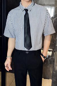 714-D645P45/店主风2025夏条男士短袖衬衫宽松工作服衬衣条纹图片