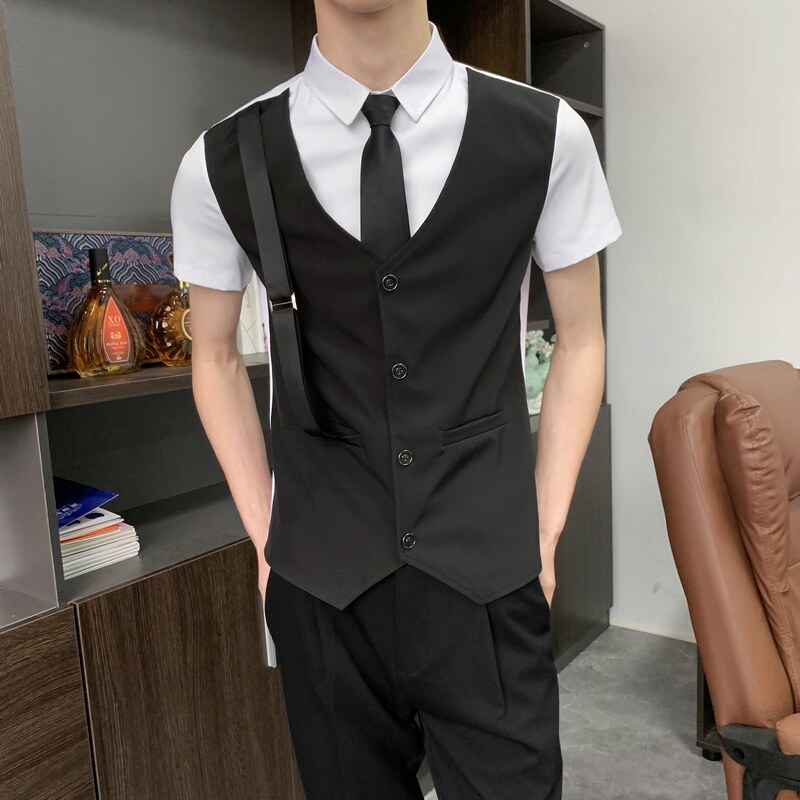 714-H6004P55控69/夏季发型师ktv酒吧衬衫修身假两件工作制服潮图片