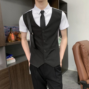 714-H6004P55控69/夏季发型师ktv酒吧衬衫修身假两件工作制服潮图片