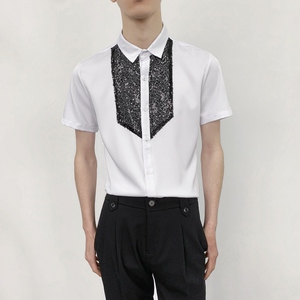 714-D3014P45控59/2025夏季短袖发型师衬衫修身工作服迎宾舞蹈服图片