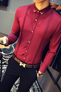 9223/店主风2025新款春季长袖衬衫男工作服金属装饰发型师衬衣P40图片