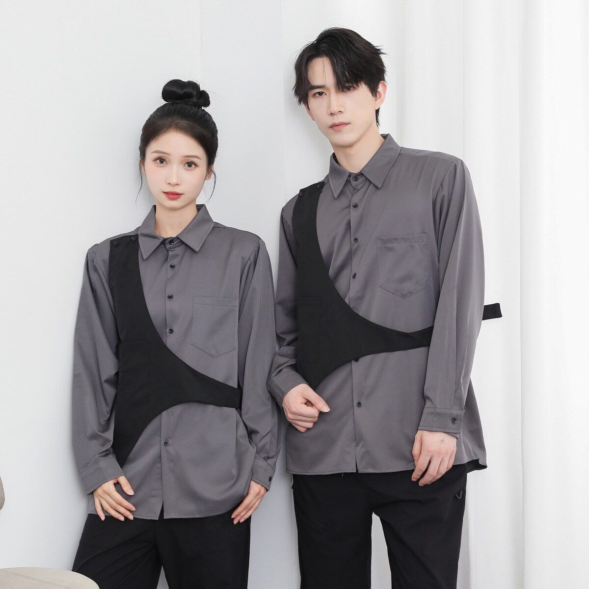 714-H3010P55控79/2025秋长袖衬衫宽松发型师奶茶店工作服假两件,男装衬衫,星座714(原C313)