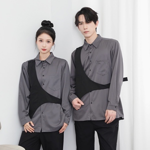 714-H3010P55控79/2025秋长袖衬衫宽松发型师奶茶店工作服假两件图片