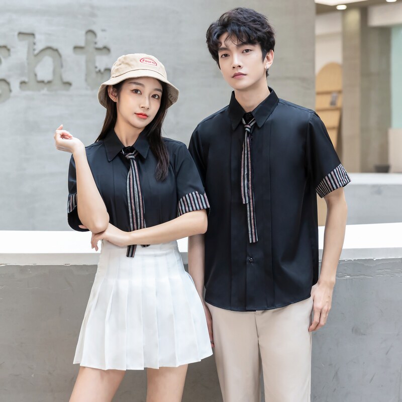 714-D641P45/2025夏季情侣装领带装饰条纹拼接短袖衬衫工作制服图片