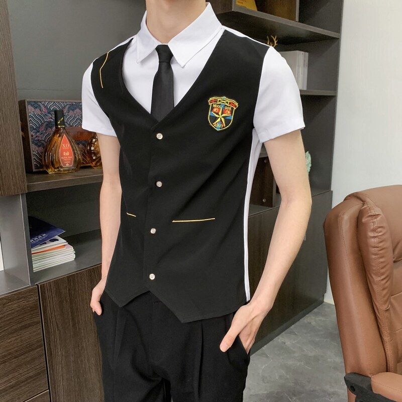 714-H669P55控69/夏季发型师ktv酒吧衬衫假两件空少徽章工作服,男装衬衫,星座714(原C313)