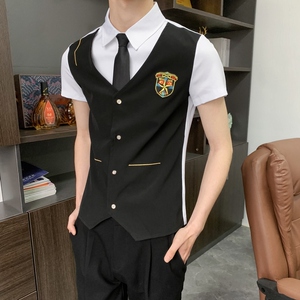 714-H669P55控69/夏季发型师ktv酒吧衬衫假两件空少徽章工作服图片