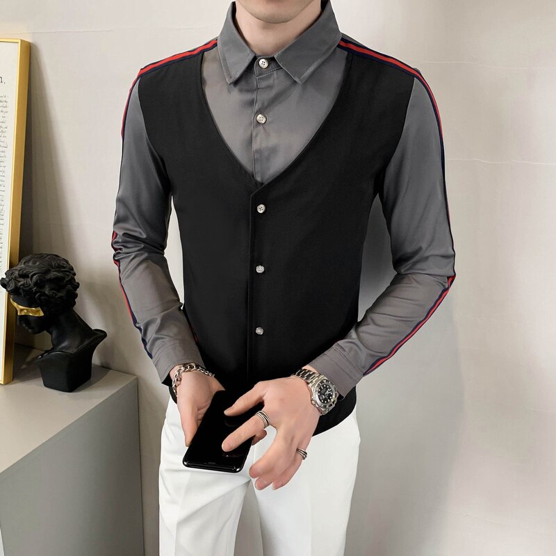 714-H677P55/店主风男士假两件衬衫工作服衬衣修身发型师服S-5XL,男装衬衫,星座714(原C313)