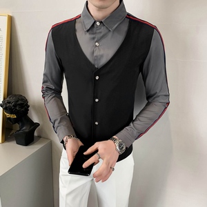 714-H677P55/店主风男士假两件衬衫工作服衬衣修身发型师服S-5XL图片