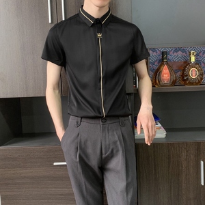 714-C560P40控59/2025夏季短袖衬衫修身皇冠绣花工作服衬衣ktv图片