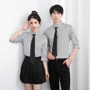 714-5002P45控69/2025夏季五分袖衬衫餐厅奶茶店工作服条纹衬衣图片