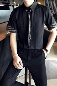714-D641P45/店主风2025夏季男士短袖衬衫条纹领带制服衬衣ktv服图片