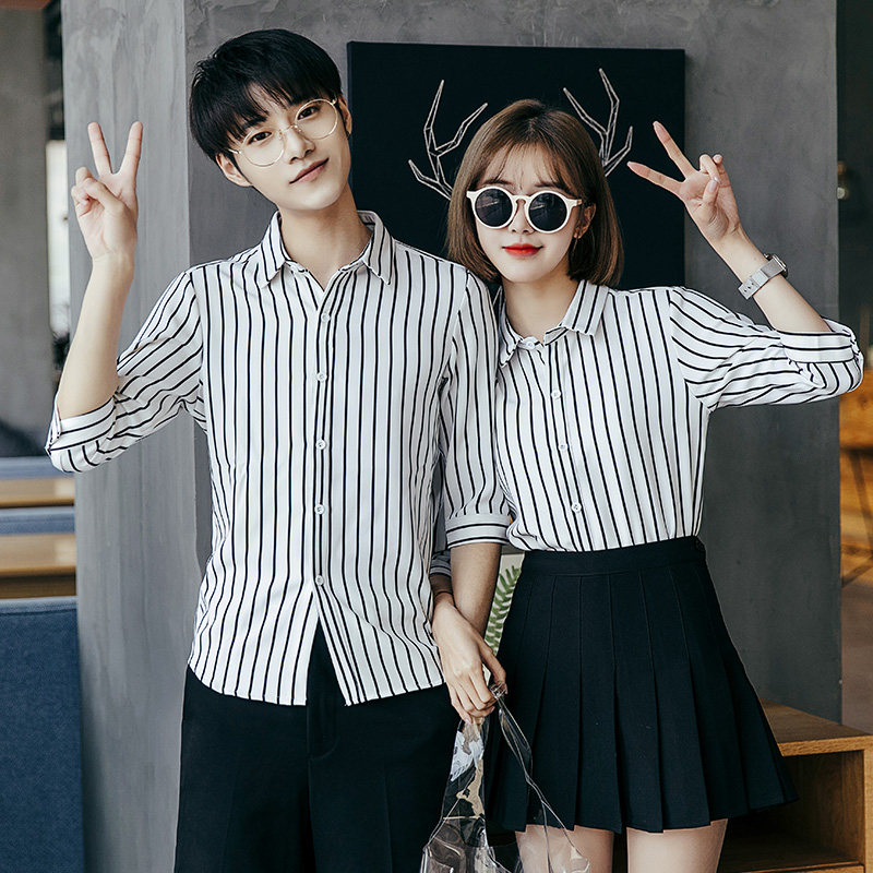 Y5002/2025情侣衬衫男女衬衣条纹修身工作服衬衣七分袖S-5XL P50图片