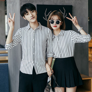 Y5002/2025情侣衬衫男女衬衣条纹修身工作服衬衣七分袖S-5XL P50图片
