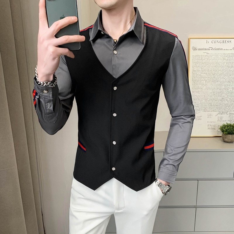 714-H677P55/店主风男士假两件衬衫工作服衬衣修身发型师服S-5XL，男装衬衫，星座714(原C313)