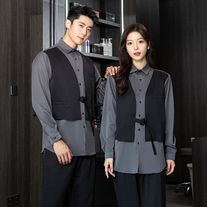 714-H3007P55控75/2025新款日系发型师工作服衬衫夜店制服假两件