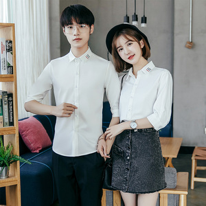 Y329/2025情侣装男女中袖五分袖衬衫修身韩版三色刺绣衬衣男P40图片