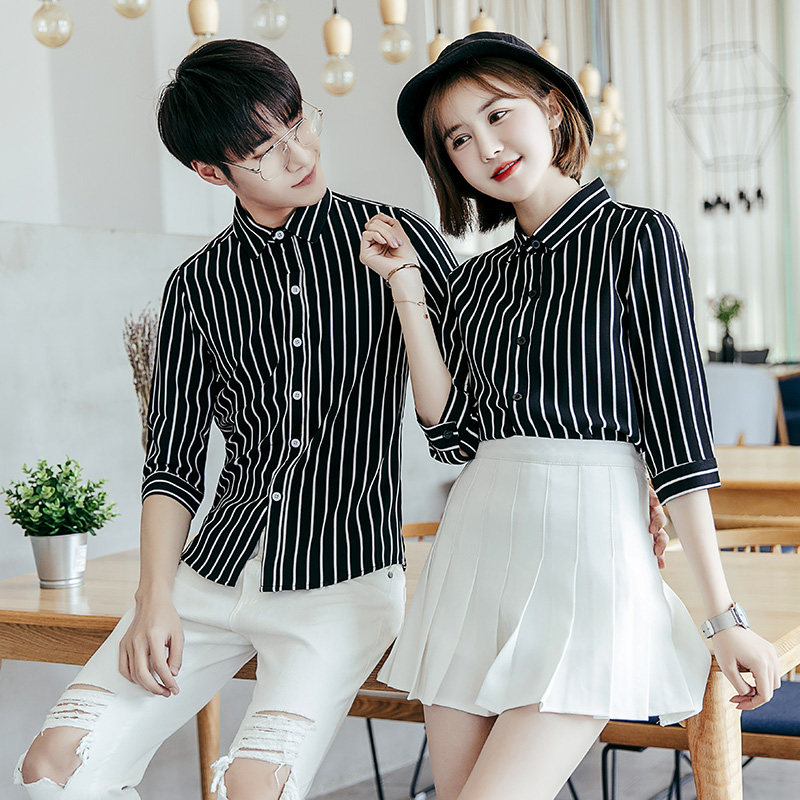 Y5002/2025情侣衬衫男女衬衣条纹修身工作服衬衣七分袖S-5XLP50,男装衬衫,星座714(原C313)