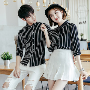Y5002/2025情侣衬衫男女衬衣条纹修身工作服衬衣七分袖S-5XL P50图片