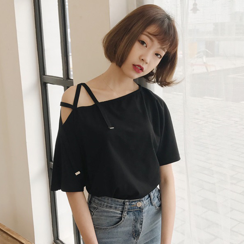 夏季精神社会女衣服潮韩版纯色性感小心机漏肩上衣短袖T恤女宽松