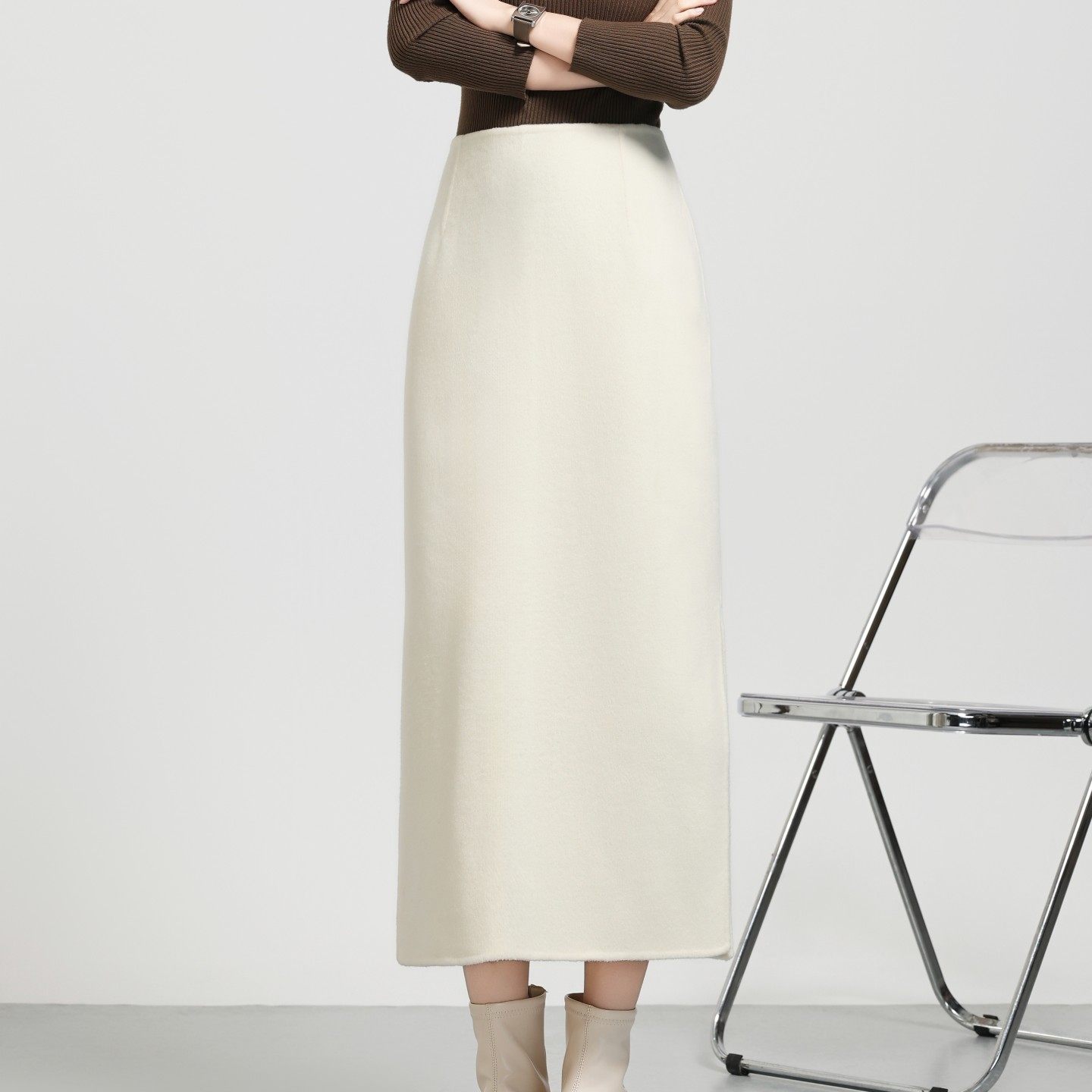2025现货纯羊毛双面呢侧开叉白色显瘦半身裙秋冬时尚直筒裙女